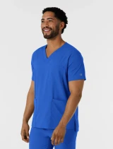 Three-quarter side view of WINK Boundless Men's 4-Pocket V-Neck Scrub Top 6351 in Royal