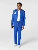 Full-length model view of WINK Boundless Men's Zip-Front Warm-Up Scrub Jacket 8351 in Royal