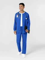 Full-length model view of WINK Boundless Men's Button-Front Warm-Up Scrub Jacket 8651 in Royal