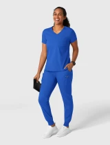 Full-length model view of WINK Boundless Women's Mid-Rise Cargo Jogger Scrub Pant 5151 in Royal