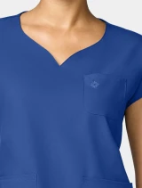 Neckline close-up of Med Couture Insight Women's Dolman Sleeve Scrub Top MC00008 in Royal