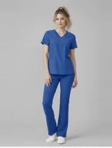 Full-length model view of Med Couture Insight Women's Rib-Knit V-Neck Scrub Top MC00077 in Royal