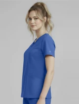 Left side view of Med Couture Insight Women's Rib-Knit V-Neck Scrub Top MC00077 in Royal