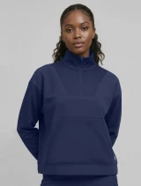 Front view of Med Couture Insight Women's Half Zip Pullover Scrub Jacket MC00079 in Navy
