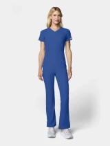 Full-length model view of Med Couture Insight Women's Mid-Rise Flare Leg Scrub Pant MC010 in Royal