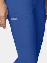 Cargo pocket detail of Med Couture Insight Women's Mid-Rise Flare Leg Scrub Pant MC010 in Royal