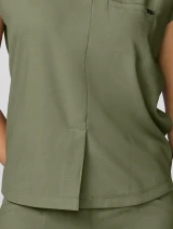 Front hem slit detail of Healing Hands Quest Women's Mandarin Collar Scrub Top HH757 in Olive