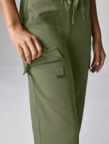Front and cargo pocket detail of Healing Hands Quest Women's Wide Leg Drawstring Scrub Pant HH158 in Olive