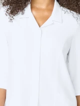 Collar close-up of Cherokee Workwear Originals Ultra Women's 3/4 Sleeve Snap Front Scrub Dress CK00046 in White