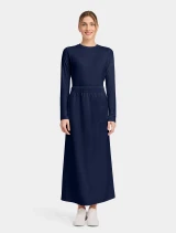 Full-length model view of Cherokee Workwear Originals Ultra Women's Full Length Scrub Skirt CK564A in Navy
