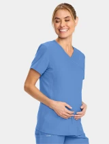 Right side view of Cherokee Workwear Originals Ultra Women's Maternity Mock Wrap Scrub Top CK701A in Ciel
