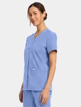 Left side view of Cherokee Workwear Originals Ultra Women's 2 Pocket Snap Front Scrub Top CK844A in Ciel