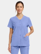 Front view of Cherokee Workwear Originals Ultra Women's 2 Pocket Snap Front Scrub Top CK844A in Ciel