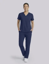 Full-length model view of Cherokee Workwear Originals Ultra Unisex No Pocket V-Neck Scrub Top CK869A in Navy