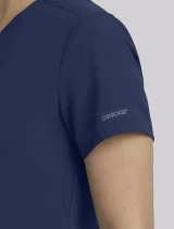 Sleeve logo detail of Cherokee Workwear Originals Ultra Unisex No Pocket V-Neck Scrub Top CK869A in Navy