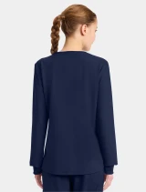 Back view of Cherokee Workwear Originals Ultra Women's Long Sleeve V-Neck Scrub Top CK962A in Navy
