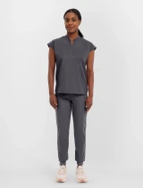 Full-length model view of Healing Hands Purple Label Women's Journey Mandarin Collar Scrub Top 2152 in Pewter