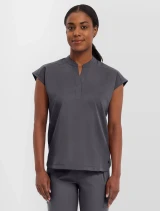 Front view of Healing Hands Purple Label Women's Journey Mandarin Collar Scrub Top 2152 in Pewter
