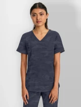 Front view of Healing Hands Purple Label Women's Joy Camo V-Neck Scrub Top 2353 in Pewter