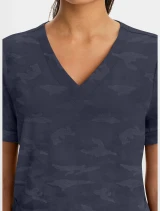 V-neck close-up of Healing Hands Purple Label Women's Joy Camo V-Neck Scrub Top 2353 in Pewter