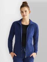 Front view of Healing Hands Purple Label Women's Devon Jacquard Zip-Up Scrub Jacket HH301 in Navy