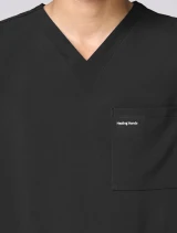 Chest pocket detail of Healing Hands HH Works Men's 3 Pkt Scrub Top HH00051 in Black