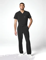 Full-length model view of Healing Hands HH Works Men's Mid Rise Zip Fly Straight Leg Pa Scrub Pant HH00052 in Black