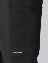 Cargo pocket detail of Healing Hands HH Works Men's Mid Rise Zip Fly Straight Leg Pa Scrub Pant HH00052 in Black