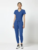 Full-length model view of Med Couture Touch Women's Double Cargo Jogger Scrub Pant MC7705 in Royal