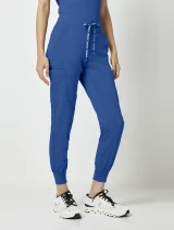 Side view of Med Couture Touch Women's Double Cargo Jogger Scrub Pant MC7705 in Royal