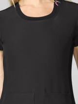 Crew neckline close-up of Med Couture Amp Women's Four Pocket Round Neck Scrub Top MC00027 in Black