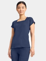 Side view of Med Couture Amp Women's 3-Pocket Square Neck Scrub Top MC704 in Navy