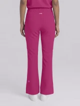 Back view of Med Couture Amp Women's High Rise 4-Pocket Flare Scrub Pant MC104 in Pink Power