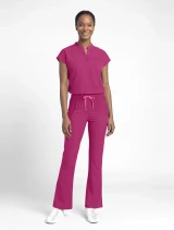 Full-length model view of Med Couture Amp Women's High Rise 4-Pocket Flare Scrub Pant MC104 in Pink Power
