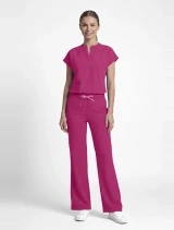 Full-length model view of Med Couture Amp Women's Wide Leg Pull On Scrub Pant MC109 in Pink Power