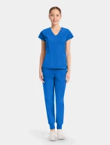 Full-length model view of Med Couture Amp Knit Women's Raglan V-Neck Scrub Top MC752 in Royal