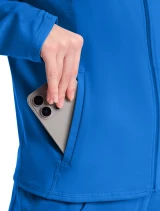 Alternate front pocket detail of Med Couture Amp Knit Women's Warm Up Scrub Jacket MC350 in Royal