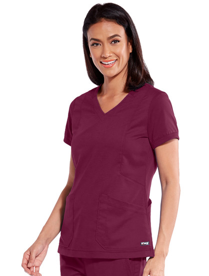 Front View of Grey's Anatomy V-Neck Top GRT049 in Wine