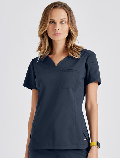 Front View of Grey's Anatomy Spandex Stretch Tuck In Top GRST136 in Steel