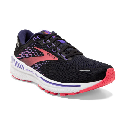 Front view of Brooks women's Adrenaline GTS 22 black/purple/coral