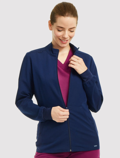 Front view of the Spirit Scrubs women's jacket #PWJ709 in navy.