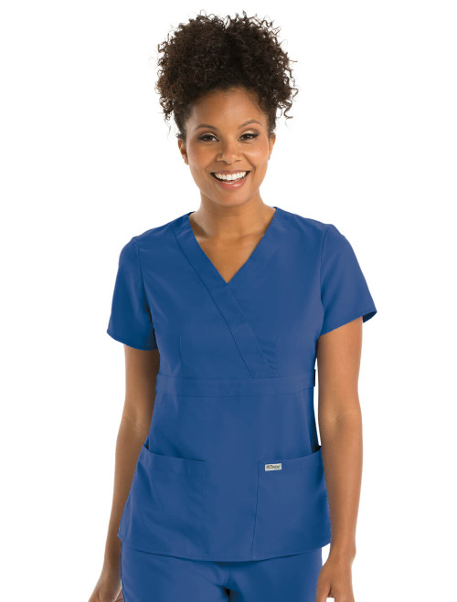 Front View of Grey's Anatomy Mock Wrap Top 4153 in New Royal