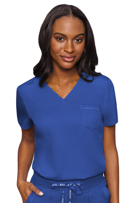 Front View of Med Couture Touch Chest Pocket Top 7448 in Royal