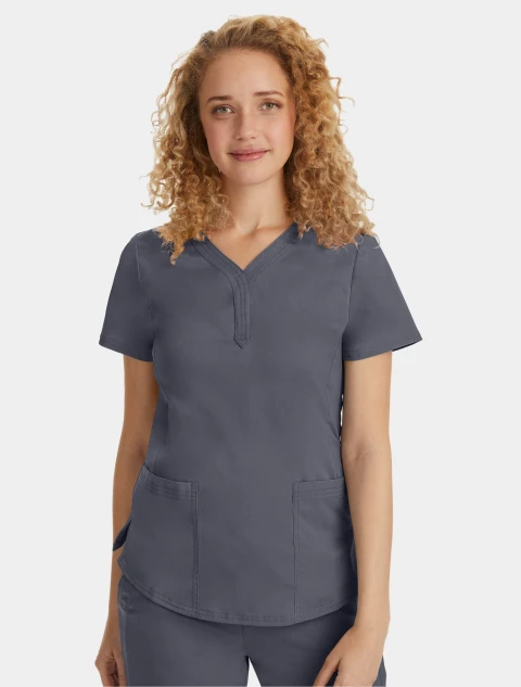 Front view of Healing Hands Purple Label Women's Jane Y-Neck Scrub Top 2167 in Pewter