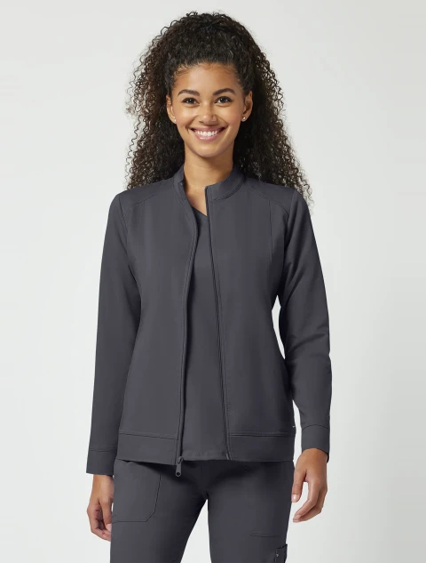 Front view of Healing Hands Purple Label Women's Dakota Zip-Up Scrub Jacket 5038 in Pewter