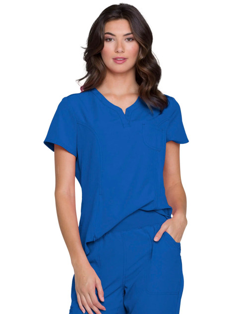 Front view of Heartsoul HS710 tuckable V-neck top in royal half-tucked in