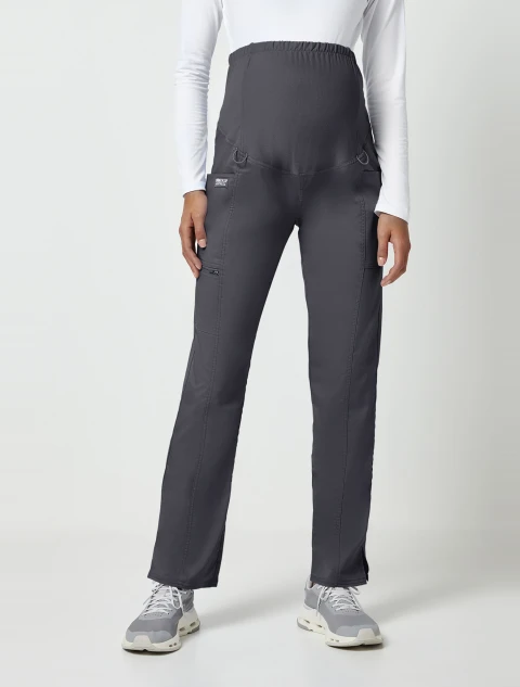 Front view of Cherokee Workwear Revolution Women's Maternity Straight Leg Cargo Scrub Pant WW155 in Pewter