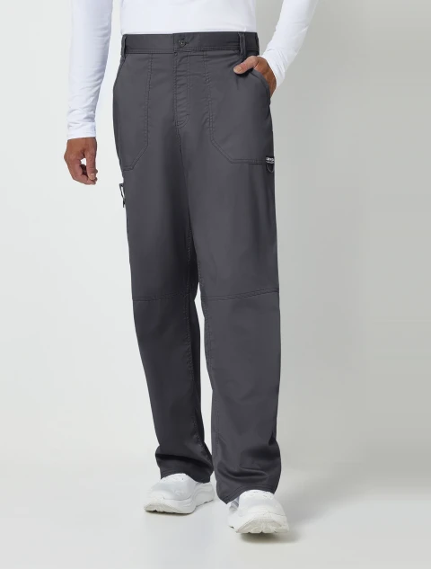 Front view of Cherokee Workwear Revolution Men's Fly Front Tapered Leg Cargo Scrub Pant WW140 in Pewter