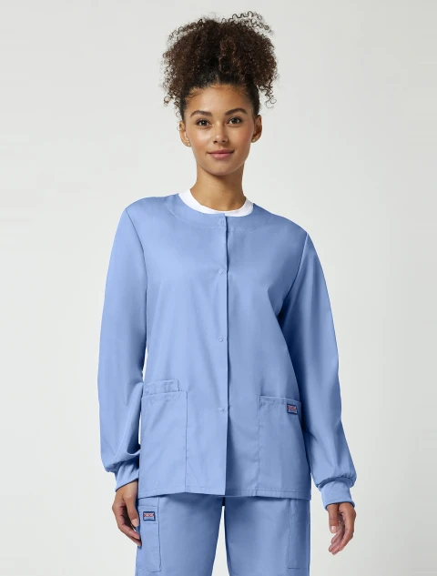 Front view of Cherokee Workwear Originals Women's Snap Front Warm-Up Scrub Jacket 4350 in Ciel