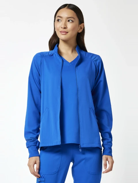 Front view of Med Couture Touch Women's Raglan Warm Up Jacket #7660 in Royal